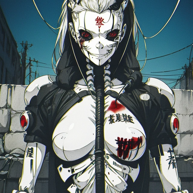 1girl,skeleton,evil smile,gloss,shiny skin,body writing, blood,monochrome, cyberpunk,(chromatic aberration),outdoors, detailed background ,cable,,