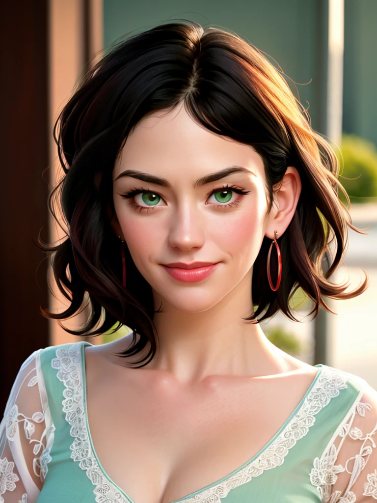 Realistic photo of a beautiful m4gg13s woman, 1girl,solo,looking at viewer,smile,short hair,simple background,black hair,jewelry,green eyes,collarbone,upper body,earrings,lips,messy hair,portrait,realistic,soft lighting, professional Photography, Photorealistic, detailed, RAW, analog, sharp focus, 8k, HD, high quality, masterpiece<lora:m4gg13s:1.0>