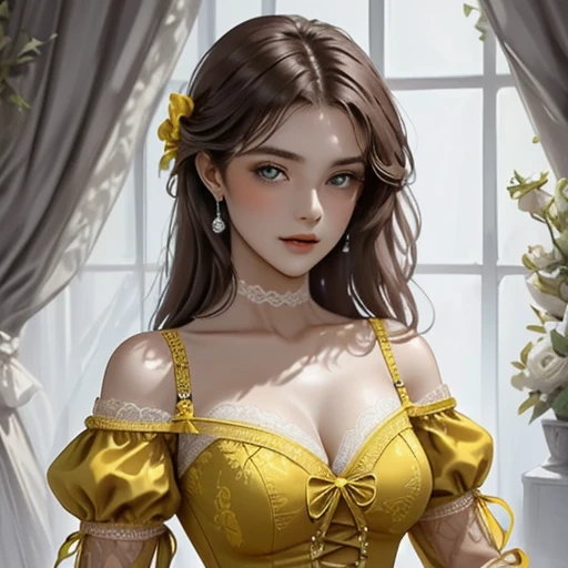 a beautiful woman wearing a yellow lace dress,<lora:ç½åé女:1>,