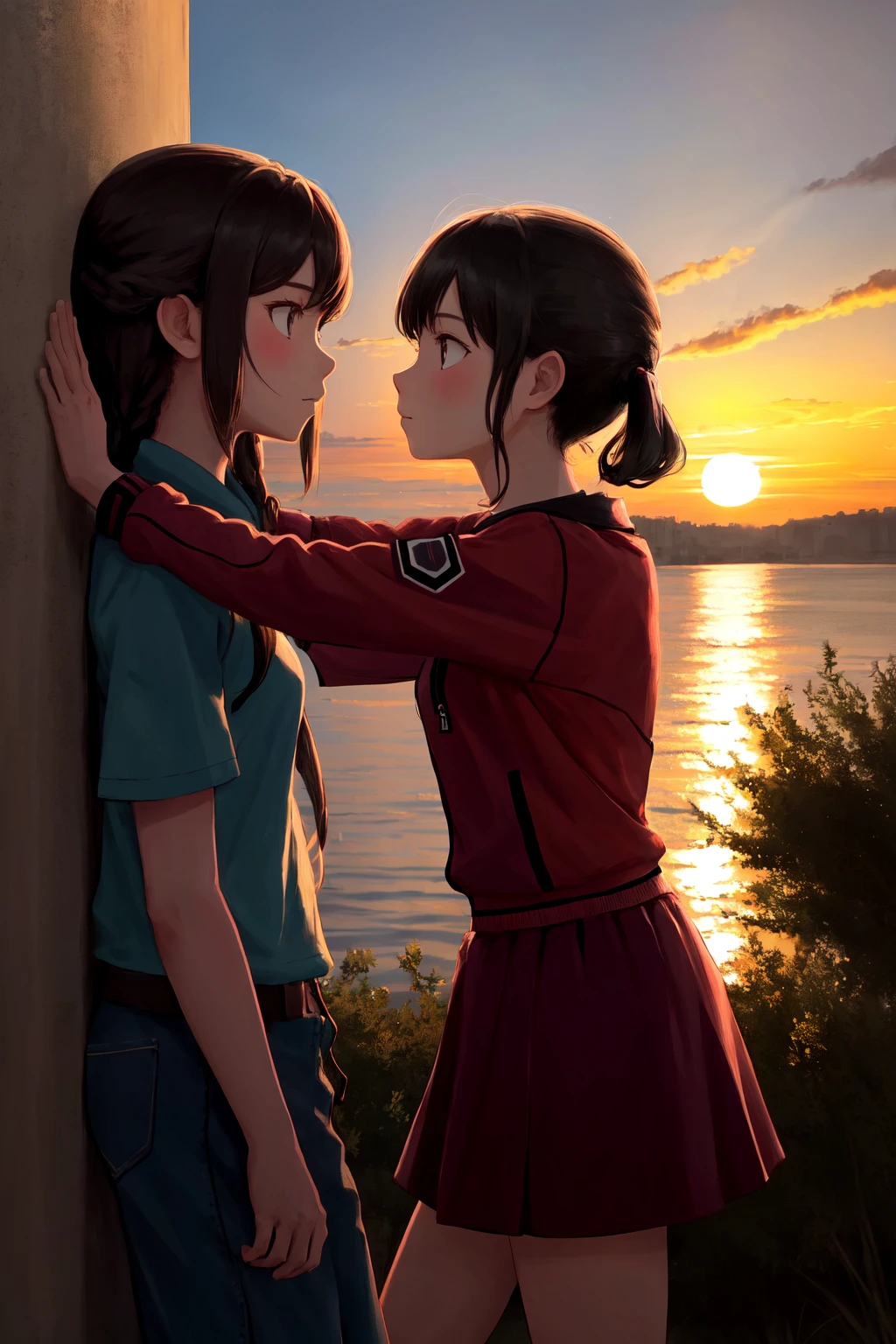 masterpiece, best quality, highres, 2girl kabedon against wall <lora:kabedon_from_side_retry:1> sunset, outdoors