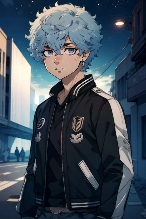 photorealistic, (4k), depth of field, (Masterpiece), (realistic skin texture), extremely detailed, intricate, hyper detailed, high resolution, professional photography, bokeh, depth of field, sharp detail, best quality, looking at viewer, 1boy, solo, male focus, <lora:souya_kawata:0.86>, souya_kawata, blue hair, grey eyes, , , , , science fiction space western,