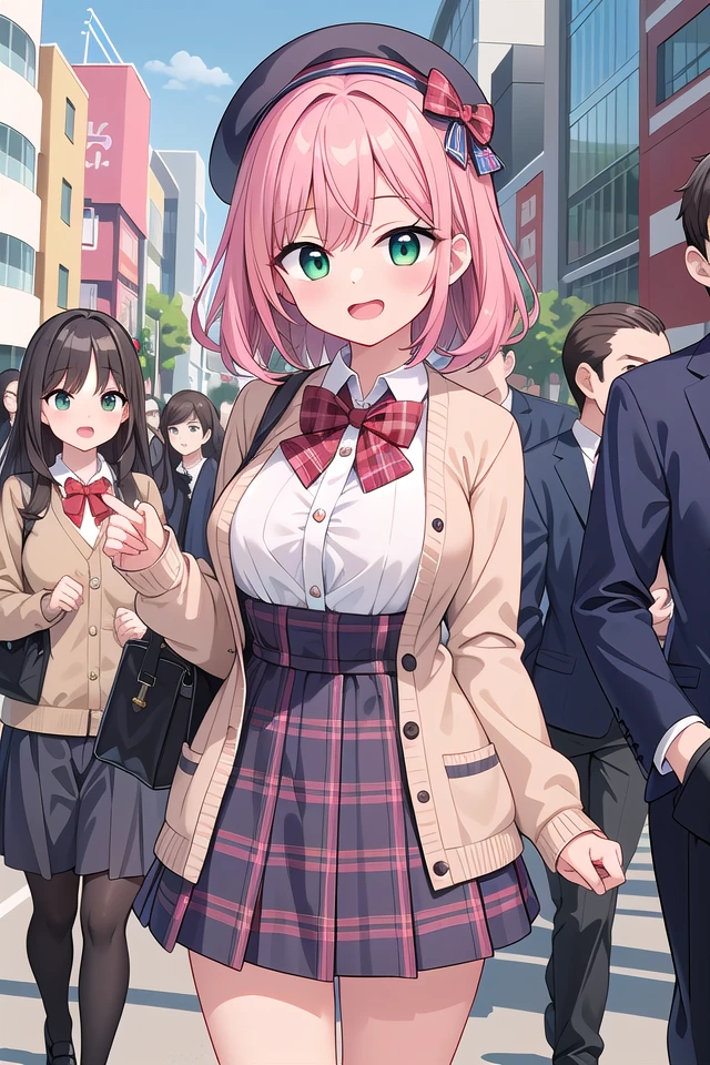 insanely detailed, absurdres, ultra-highres, ultra-detailed, best quality,
1 girl, solo, nice hands, perfect hands
BREAK
(vintage-inspired beret with flower pin:1.3), (navy and red plaid dress:1.5), (golden buttons down the front:1.2), (ivory blouse with ruffle detailing and red bow tie:1.4), (peach cardigan with cable knit pattern:1.3), (black tights:1.1), (red Mary Jane shoes:1.2)
BREAK
laugh, open mouth, wavy mouth,
cute pose, cowboy shot, looking at viewer
BREAK
slender, kawaii, perfect symmetrical face, ultra cute girl, ultra cute face, ultra detailed eyes, ultra detailed hair, ultra cute, ultra beautiful,
BREAK
in harajuku, shibuya, tokyo, street, crowd, cityscape,
large breasts
BREAK
(pink medium hair, dark green eyes), hair between eyes