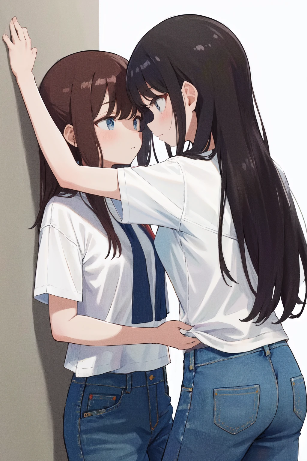 masterpiece, best quality, highres, 2girls kabedon against wall <lora:kabedon_from_side_retry:1> white shirt, denim