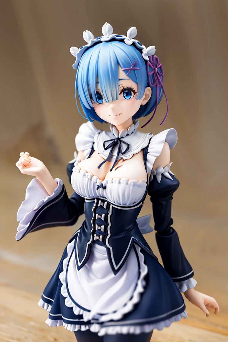<lora:Anime_Figure:1>, figure, masterpiece, best quality, highres, aarem, short hair, maid headdress, x hair ornament, hair ribbon, hair over one eye, large breasts, frills, neck ribbon, cleavage, dress, detached sleeves, white apron, waist apron, white pantyhose, <lora:rem_v1:0.8>, cowboy shot, smile,