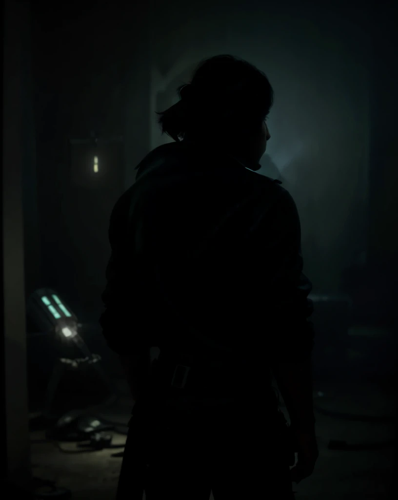 starwars outlaws , a person standing in a dark room with a light, solo, 1boy, male focus, from behind, english text, silhouette, fake screenshot , <lora:StarWars_Outlaws_Style-SD15:0.75>