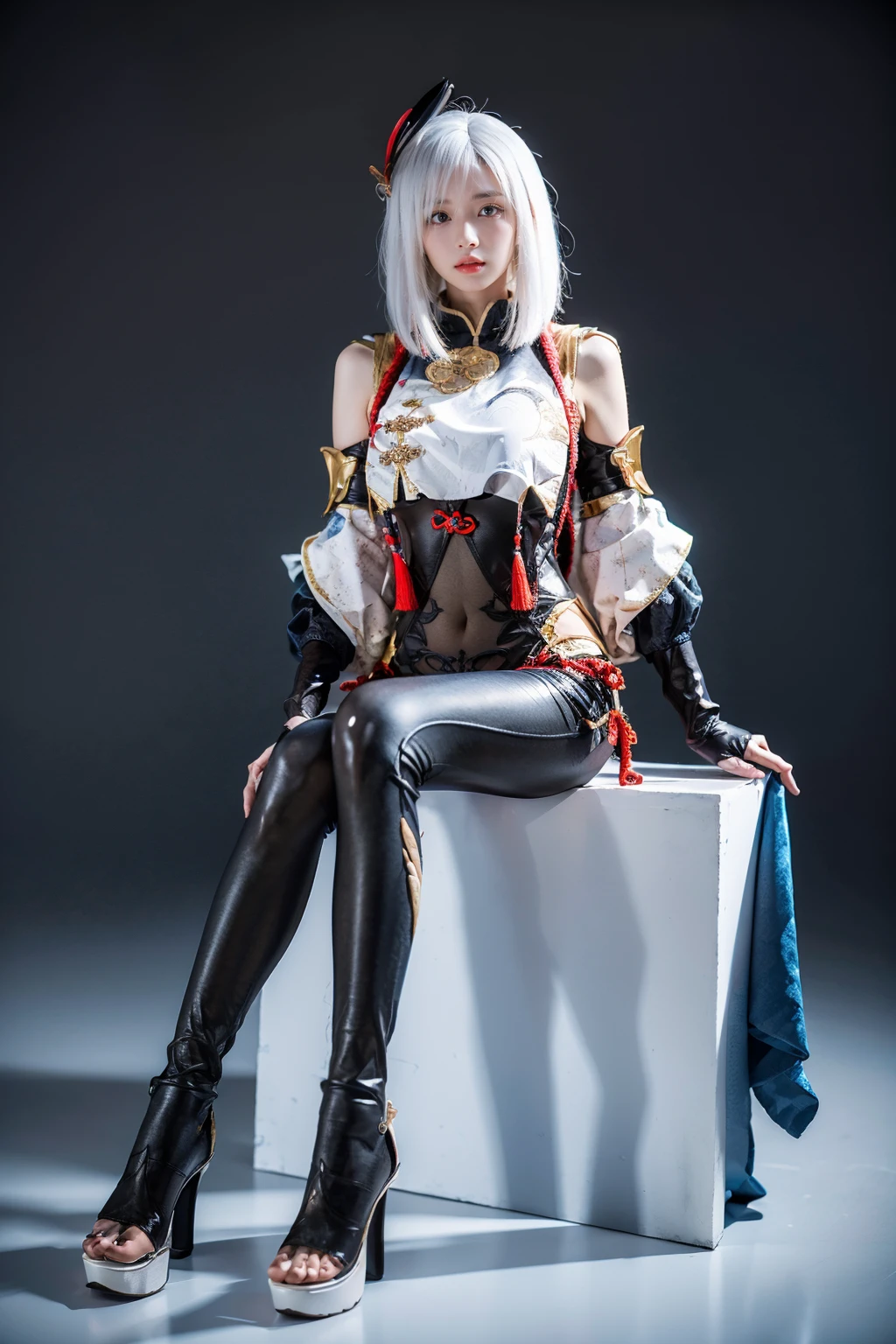 best quality, masterpiece, photorealistic, 1girl, solo, sitting, arms at side, full body, looking at viewer, closed mouth, hair between eyes, expressionless, shenhe cosplay costume, cosplay, white hair, black bodysuit, breast curtain, shoulder cutout, partially fingerless gloves, hip vent, tassel, toeless footwear, hair ornament, simple background, <lora:genshin_Shenhe_cosplay_v1:0.7>