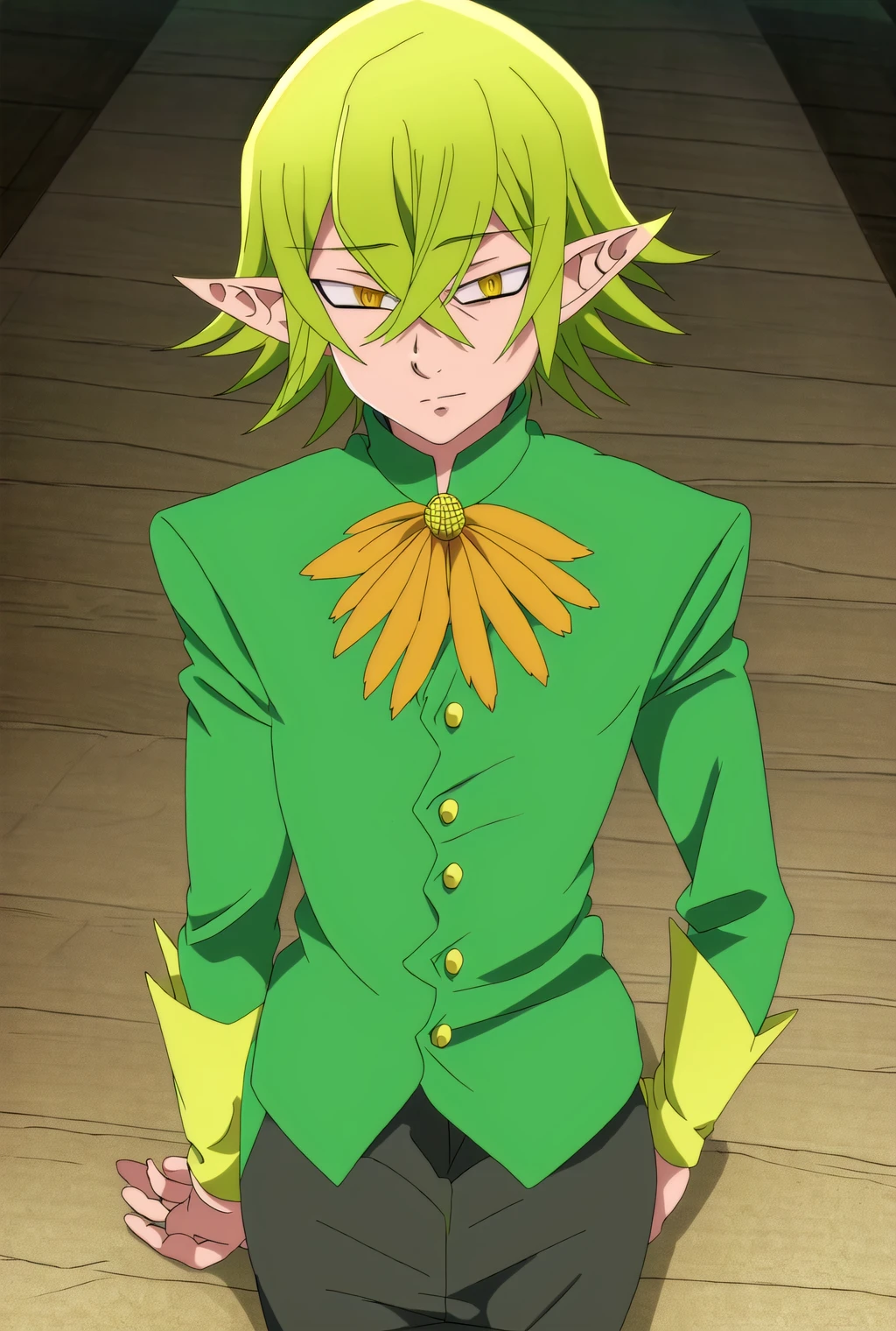 masterpiece, best quality, high quality, 1boy, solo, male focus, green hair, pointy ears, yellow eyes, black pants, <lora:HELBRAM:1>,