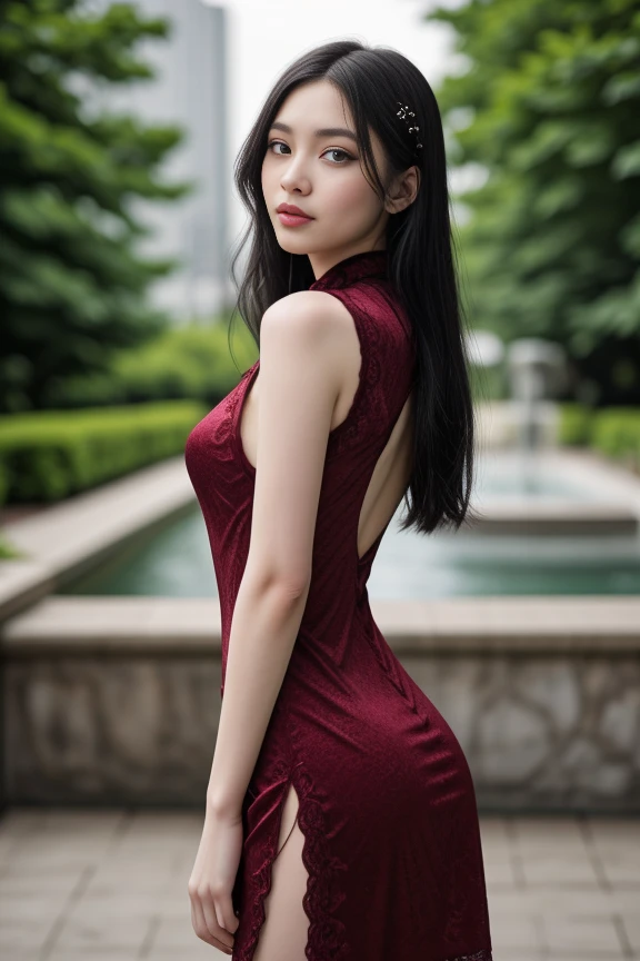 1woman, black hair, center parted long hair, realistic, masterpiece, high detailed skin, wearing random dress, looking at viewer, outdoor view, solo
<lora:Velvet_cheongsam_By_Stable_Yogi:0.8>red velvet cheongsam