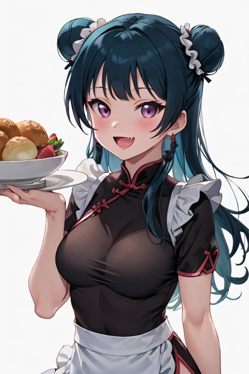 best quality, masterpiece, highres, solo, {tsushima_yoshiko_lovelivesunshine:1.15}, blue_hair, long_hair, bangs, hair_bun, purple_eyes, blush, single_hair_bun, single_side_bun, smile, open_mouth, breasts, 1girl, bun_cover, chinese_clothes, double_bun, fang, looking_at_viewer, :d, china_dress, short_sleeves, apron, food, frills, holding, holding_plate, simple_background, skirt, white_background, black_skirt, dress, hair_ornament, plate, upper_body, white_apron