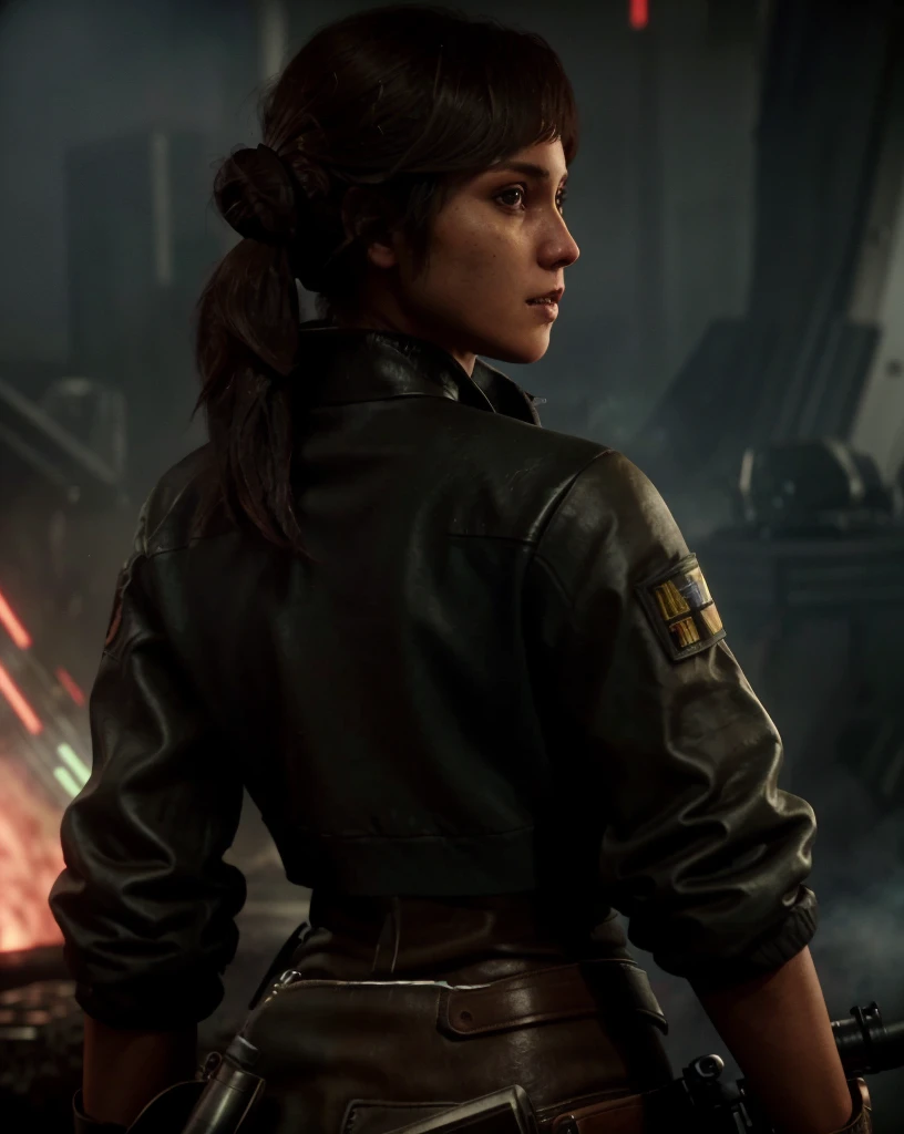 starwars outlaws , a woman riding a horse with a gun, 1girl, solo, brown hair, black hair, holding, jacket, weapon, from behind, holding weapon, gun, dual wielding, firing, paradis military uniform, three-dimensional maneuver gear , <lora:StarWars_Outlaws_Style-SD15:0.75>
