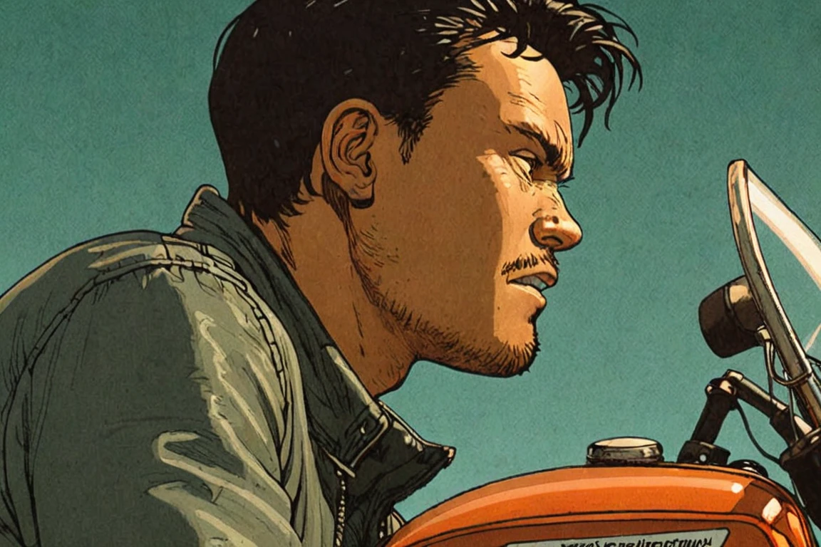 Comic panel illustration of a man on a motorcycle, profile, side view , akira style <lora:Akira_Style_XL>