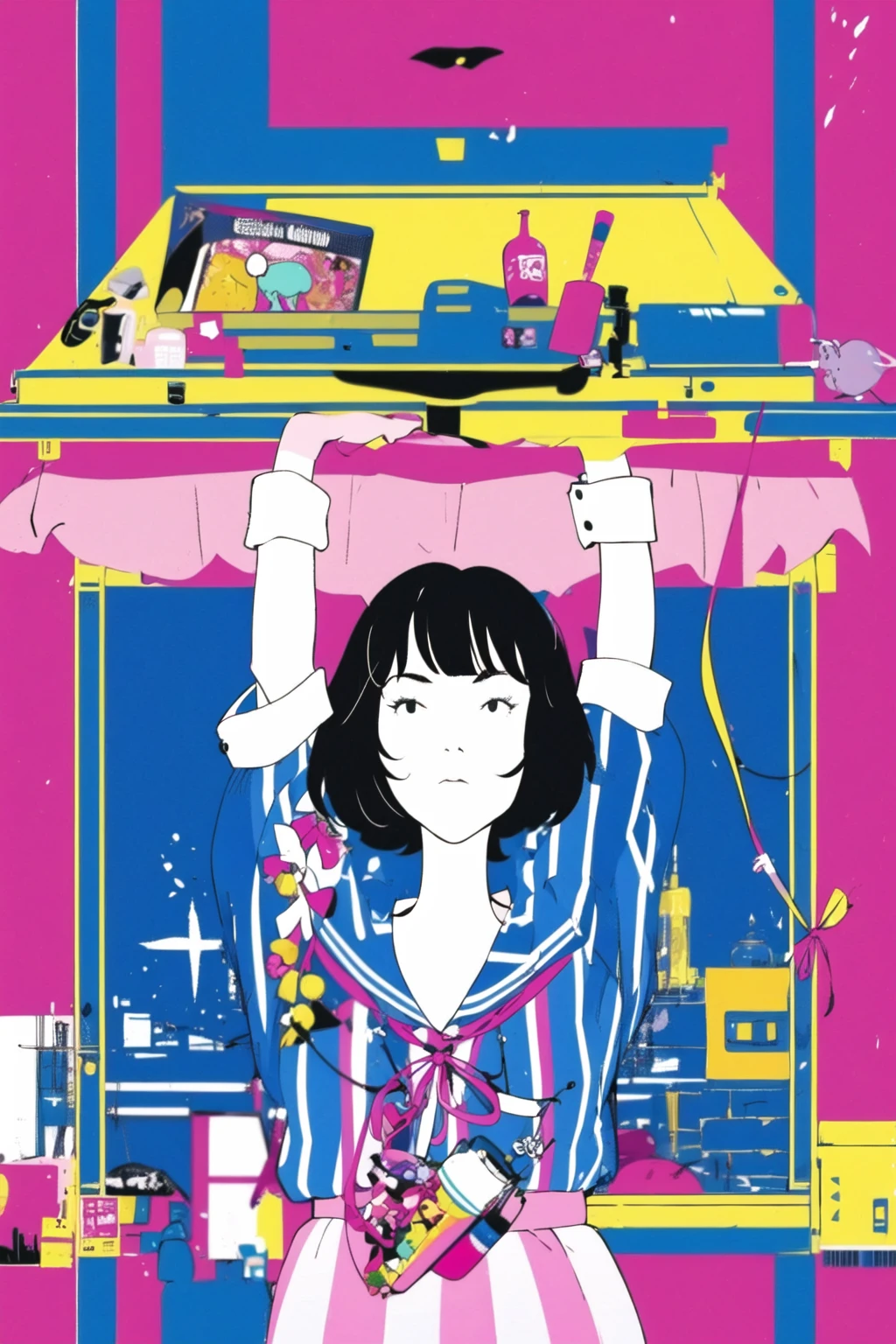 short hair,1girl,striped shirt,striped,bag,solo,ribbon,book,pink ribbon,vertical stripes,upper body,long sleeves,bottle,<lora:Nakamura:1>,(simple background:1.2),solo,(1girl:1.2),instrument,ahoge,crossed bangs,hair between eyes,(looking_at_viewer:1.2),front view,full_shot,akashi \(yojouhan\),black hair,<lora:Akashi_TatamiGalaxy-000004:1>,single more under right eye,short black hair,blue white stripe sailor dress,pink string ribbon,, masterpiece,best quality,highres,ultra high res,(abstract art:1.2),2d,(highlydetailed),(colorful),(intenseexpression),(fashionable),