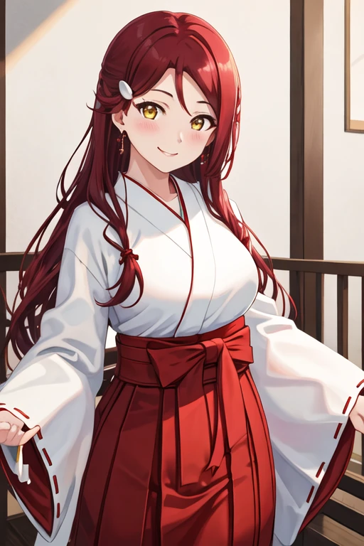 best quality, masterpiece, highres, solo, {white kimono:1.35}, {red hakama:1.35}, {wide sleeves:1.20}, {sakurauchi_riko_lovelivesunshine:1.15}, red_hair, long_hair, yellow_eyes, hair_ornament, blush, smile, hairclip, breasts