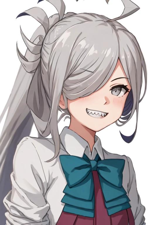 best quality, masterpiece, highres, solo, {asashimo_kantaicollection:1.15}, hair_over_one_eye, long_hair, grey_hair, ahoge, ponytail, grey_eyes, smile, bow, teeth, bowtie, sharp_teeth, 1girl, grin, looking_at_viewer, school_uniform, shirt, simple_background, white_shirt, headband, upper_body, white_background
