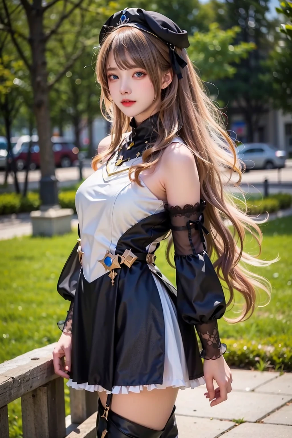 masterpiece,best quality,4k,realistic,1girl,navia,solo,arms_behind_back,long hair,looking at viewer,blonde hair,dress,detached sleeves,black headwear,blurry background,thigh boots,wavy hair,outdoors,upper body,standing,<lora:Navia15:0.7:lbw=KEEPCHAR>,