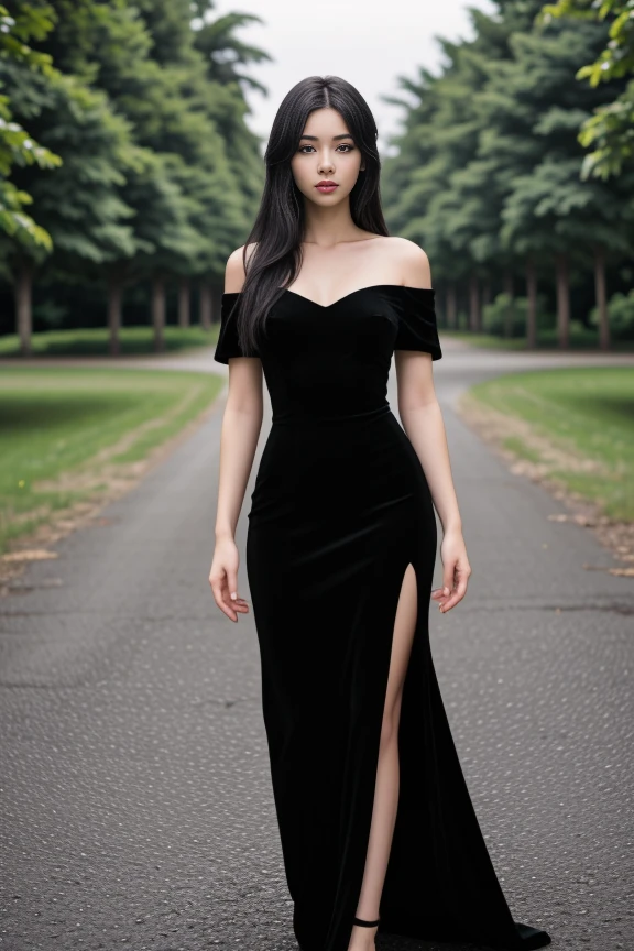 1woman, black hair, center parted long hair, realistic, masterpiece, high detailed skin, wearing random dress, looking at viewer, outdoor view, solo, full body shot
velvet off shoulder long black dress, side slit <lora:Black_Velvet_Dress_By_Stable_Yogi:0.8>
