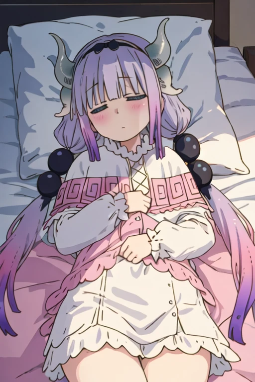 best quality, masterpiece, highres, solo, {kanna_kamui_kobayashisanchinomaidragon:1.15}, long_hair, light_purple_hair, blue_eyes, hair_ornament, bangs, blush, multicolored_hair, twintails, blunt_bangs, hair_beads, beads, hairband, gradient_hair, low_twintails, horns, dragon_horns, purple_hair, 1girl, closed_eyes, lying, pillow, sleeping, dragon_girl, hair_down, blanket, under_covers, on_back, pink_hair