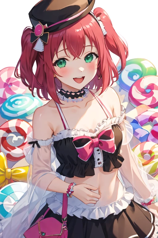 best quality, masterpiece, highres, solo, {kurosawa_ruby_lovelivesunshine:1.15}, red_hair, bangs, blush, two_side_up, smile, aqua_eyes, green_eyes, open_mouth, short_hair, hair_ornament, 1girl, candy, candy_hair_ornament, food, lollipop, looking_at_viewer, collarbone, frills, bow, food-themed_hair_ornament, hat, upper_body