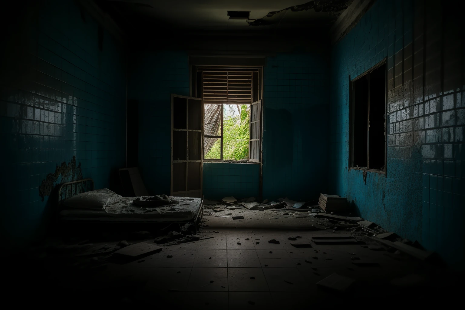 no humans,indoors,<lora:nighttime_v1:1.2>,<lora:detail_slider_v4:3>,<lora:abandoned hospital_v1:0.5>,(red-panic-button-positive:1.2),night,dark,moonlight,ruanyi060,tile floor,tile wall,((white_tile wall)),((rusty bed)),broken walls,((no lights)),, best quality,masterpiece,high quality,real,realistic,super detailed,full detail,8K,