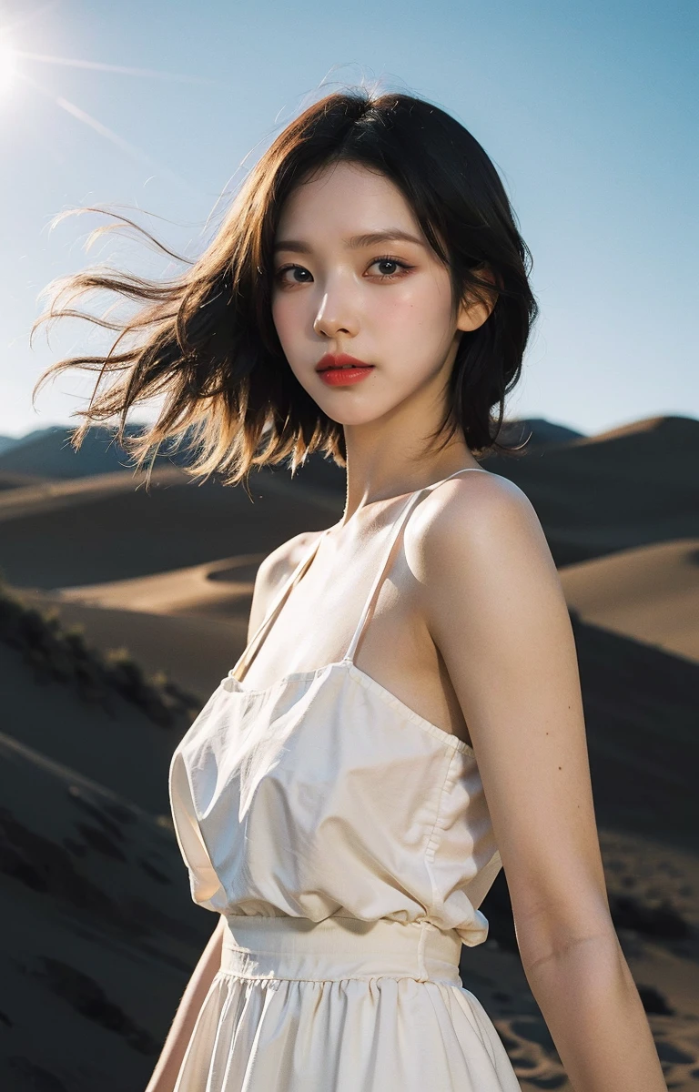 aespakarina,1girl, dynamic angle, desert, (cactus) in the foreground, white dress, with golden accessories,light tracing, (sand wind:1.2)(floating hair:1.1),intense look
hot sun,(cowboy shot)
(photorealistic:1.4), official art, fractal art,unity 8k wallpaper, ultra detailed, beautiful and aesthetic,look at viewer, masterpiece,best quality, glowing skin, cinematic lighting,<lora:karinav2-byhighwizardSver:1>