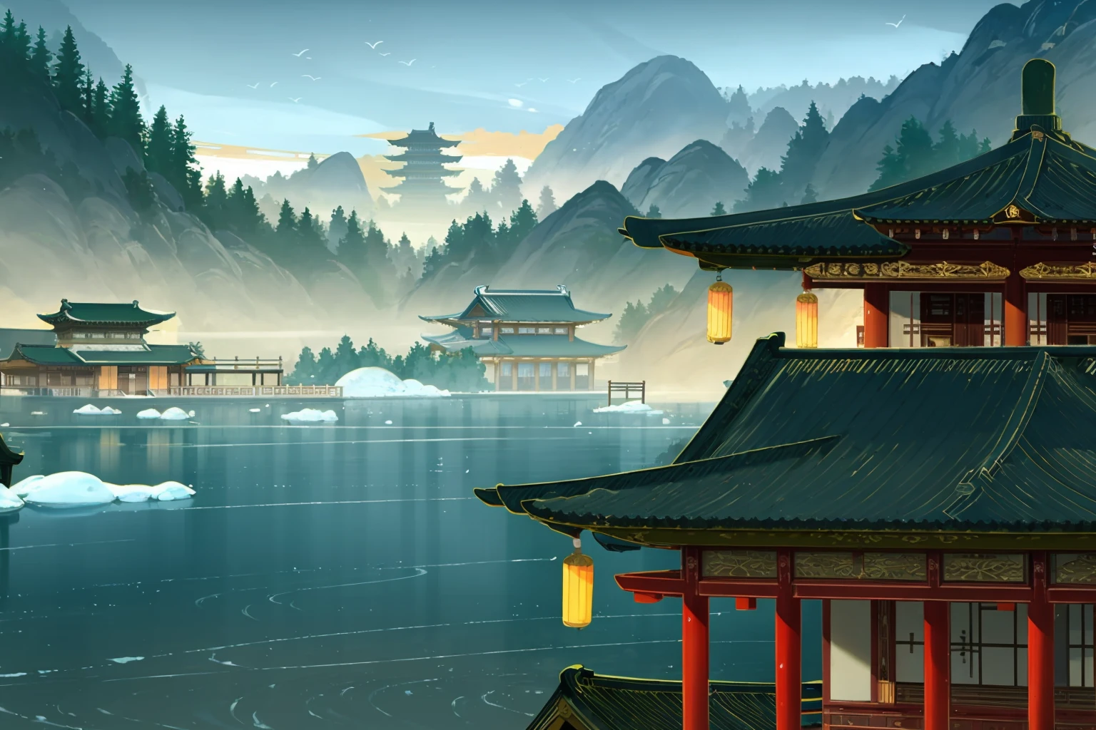 masterpiece, best quality, <lora:fstyle03-000005:1>,east asian architecture, architecture, scenery, mountain, outdoors, water, pagoda, waves, no humans, bird, building, solo, snow, tree, fog, dragon, cloud, sky
