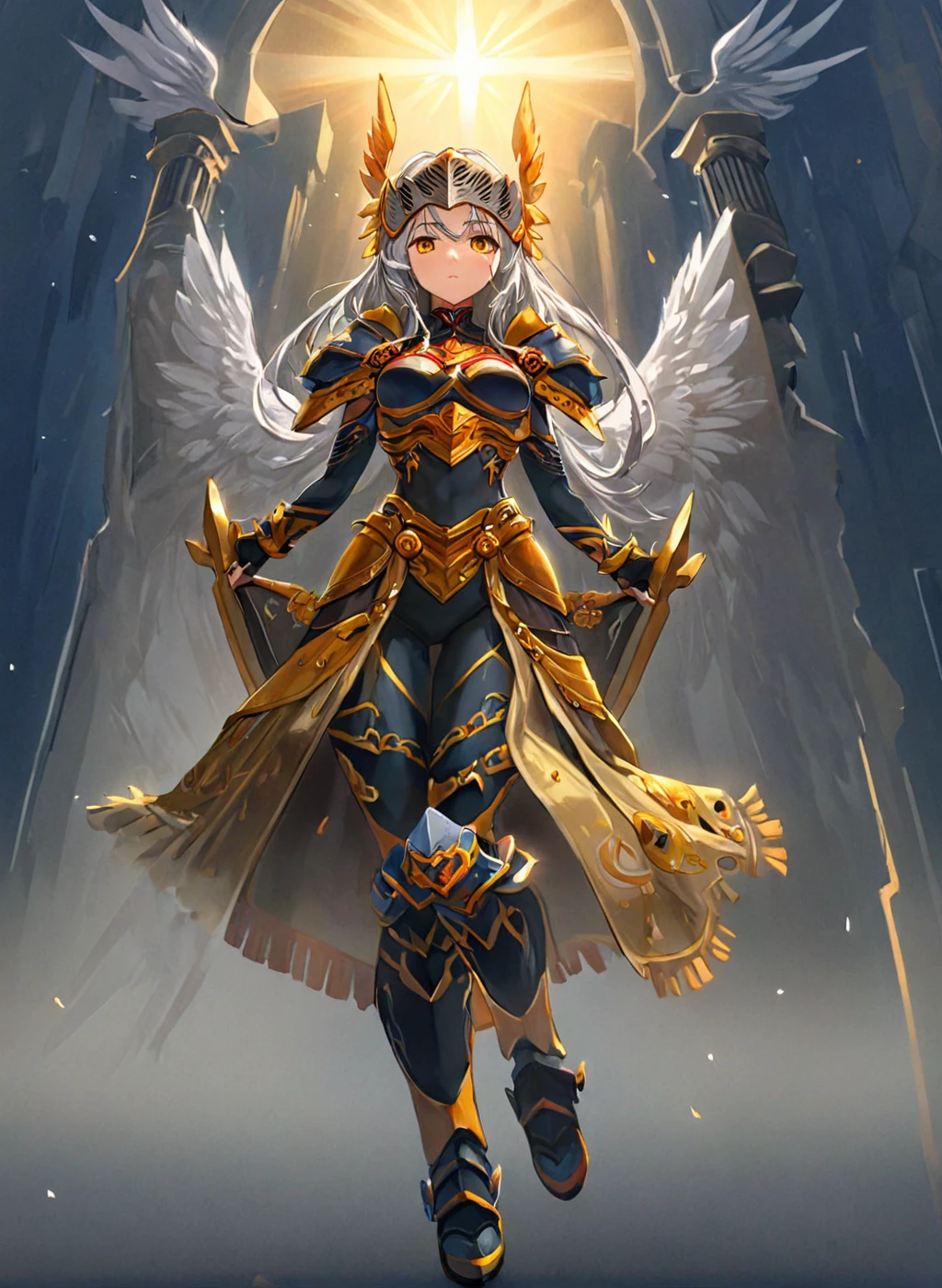 <lora:Valkiria_XL:1> Valkiria, winged helmet, full body, (masterpiece), best quality, highres, 4k, 8k, cinematic lighting, amazing quality, amazing shading, soft lighting, Illustration, official artwork, anime style, wallpaper, official art, ultra detailed skin, ultra detailed face, perfect eyes, small skin imperfections, at a shrine, 1girl, Long layers, small saggy boobs, Tall body, golden eyes, Steel gray hair