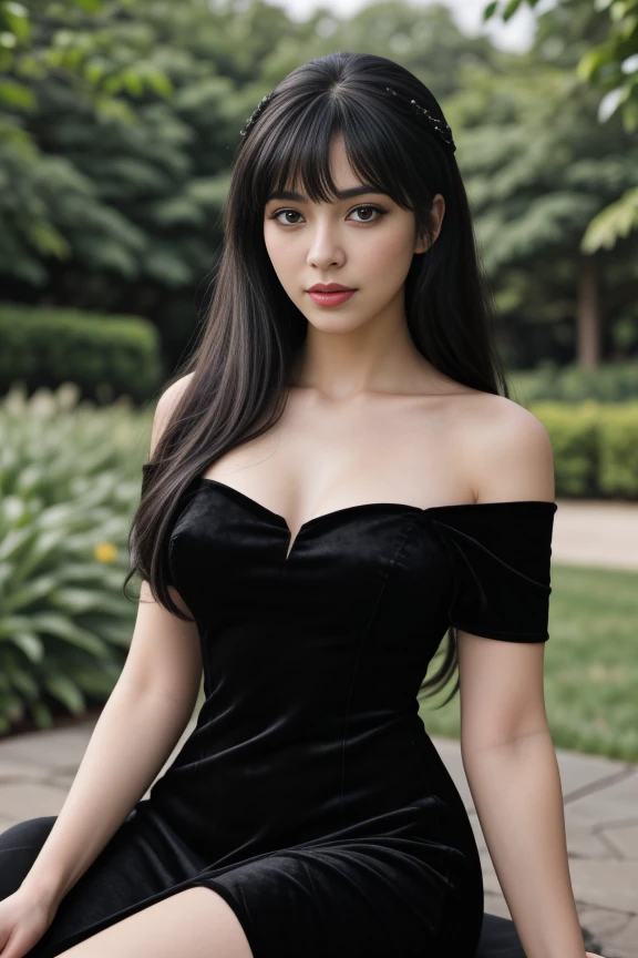 1woman, black hair, center parted long hair, realistic, masterpiece, high detailed skin, wearing random dress, looking at viewer, outdoor view, solo, full body shot
velvet off shoulder long black dress, side slit <lora:Black_Velvet_Dress_By_Stable_Yogi:0.8>
