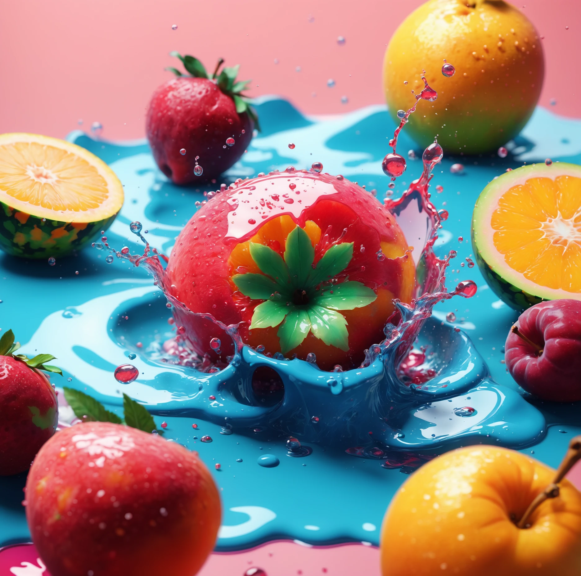 abstract, explosión, photorealistic, Food fruit LIQUID SPLASH, 3D BEEPLE STYLE, 8 k, 32 k, HDR, realistic, (flat color:1.1),(colorful:1.3),(masterpiece:1.2), best quality, masterpiece, original, extremely detailed wallpaper, looking at viewer,Abstract, 8K, photo shot from front, mid-body portrait, highly-detailed,