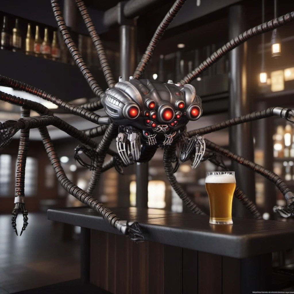 SentinelsMatrix1024, a robot spider having a beer in a pub , highly detailed, photography, ultra sharp, film, bokeh, professional, 64k <lora:SentinelsMatrix1024:0.8>