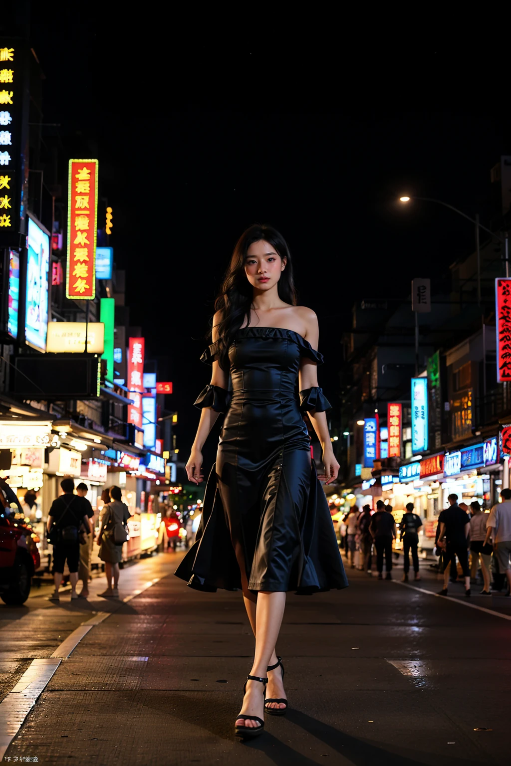 night,dark,<lora:Shijing Night Market_v1:0.7>,ruanyi050,1girl,solo,strapless dress,stiletto heels,long hair,black hair,horizon,vanishing point,outdoors,cowboy shot,, best quality,masterpiece,illustration,an extremely delicate and beautiful,CG,unity,8k wallpaper,Amazing,finely detail,masterpiece,official art,extremely detailed CG unity 8k wallpaper,incredibly absurdres,huge filesize,ultra-detailed,highres,extremely detailed,beautiful detailed