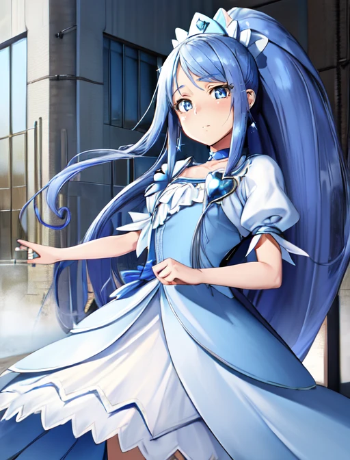 best quality, masterpiece, highres, detailed, digital illustration, <lora:Tools - add_detail:0.2>, CureDiamond, blue hair, headdress, ponytail, blue eyes, long hair, heart brooch, puffy sleeves, blue dress, <lora:Character - CureDiamond:0.8>,bashful, factory