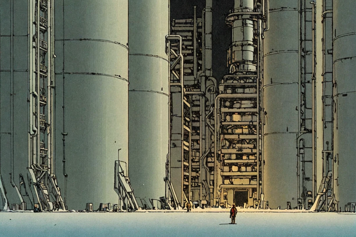 Comic panel illustration of a gigantic industrial cryogenic containment facility , akira style <lora:Akira_Style_XL>