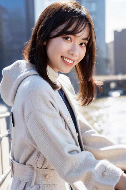 1girl, (wearing a cropped top and long coat:1.4),(RAW photo, best quality), (realistic, photo-realistic:1.4), masterpiece, an extremely delicate and beautiful, extremely detailed, 2k wallpaper, Amazing, finely detail, extremely detailed CG unity 8k wallpaper, ultra-detailed, highres, soft light, beautiful detailed girl, extremely detailed eyes and face, beautiful detailed nose, beautiful detailed eyes,cinematic lighting,(in the city:2.0),perfect anatomy,(slender body:1.0),(close up face:2.2),(gently smile,Friendly, warm:2.0),(looking at viewer:2.0),(young japanese idol:1.8),(wavy long hair:1.8), (brown eyes:1.8),(standing:2.0), (cleavage:1.8), <lora:datesayuri_lora-11:0.8>