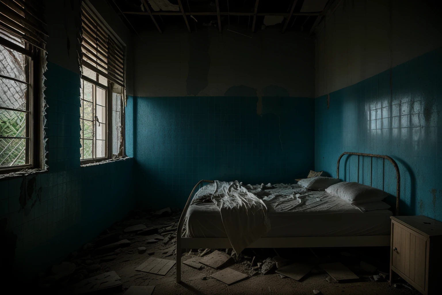 no humans,indoors,<lora:nighttime_v1:1.2>,<lora:detail_slider_v4:3>,<lora:abandoned hospital_v1:0.5>,(red-panic-button-positive:1.2),night,dark,moonlight,ruanyi060,tile floor,tile wall,((white_tile wall)),((rusty bed)),broken walls,((no lights)),, best quality,masterpiece,high quality,real,realistic,super detailed,full detail,8K,