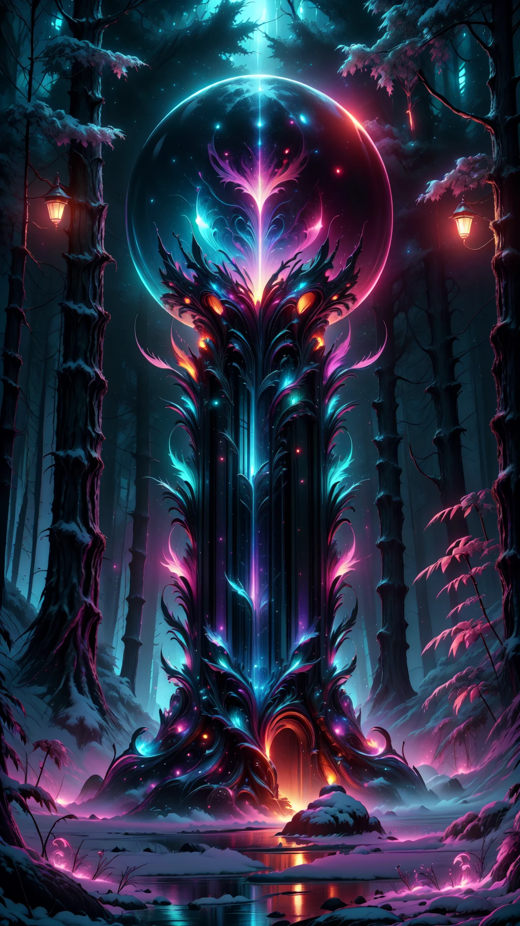 A beautiful enchanted night forest landscape photo, mysterious glowing colors, extremely detailed, vivid colors, high quality, best quality, award winning, high contrast, cinematic lighting, (masterpiece),