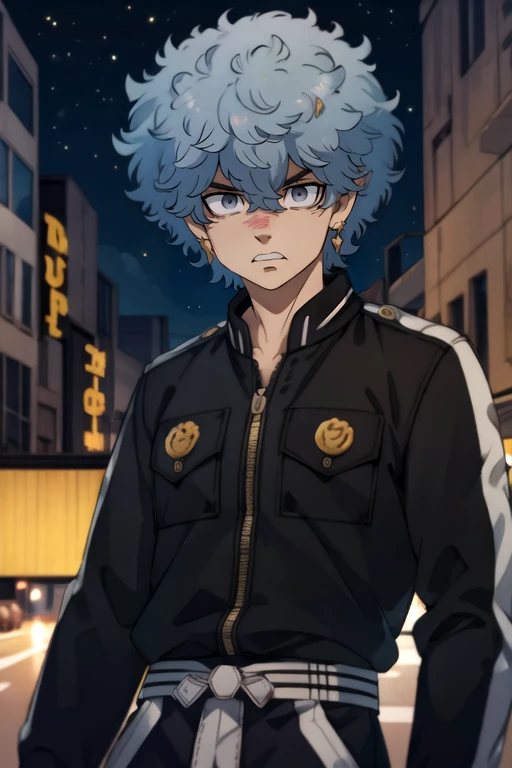 photorealistic, (4k), depth of field, (Masterpiece), (realistic skin texture), extremely detailed, intricate, hyper detailed, high resolution, professional photography, bokeh, depth of field, sharp detail, best quality, , 1boy, solo, male focus, <lora:souya_kawata:0.92>, souya_kawata, blue hair, grey eyes, afro, , anger vein, galactic warrior costume, aztec,