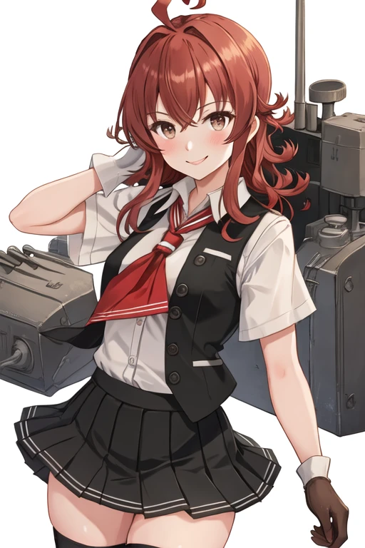 best quality, masterpiece, highres, solo, {arashi_kantaicollection:1.15}, red_hair, ahoge, messy_hair, blush, vest, breasts, 1girl, black_skirt, black_vest, dress_shirt, gloves, neckerchief, pleated_skirt, school_uniform, shirt, short_sleeves, skirt, white_gloves, white_shirt, red_neckerchief, thighhighs, black_thighhighs, brown_eyes, cowboy_shot, blouse, smile