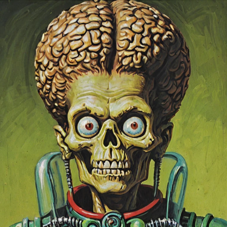 a portrait painting of a martian, marsattacks style, <lora:Mars_Attack_Style_XL_2>