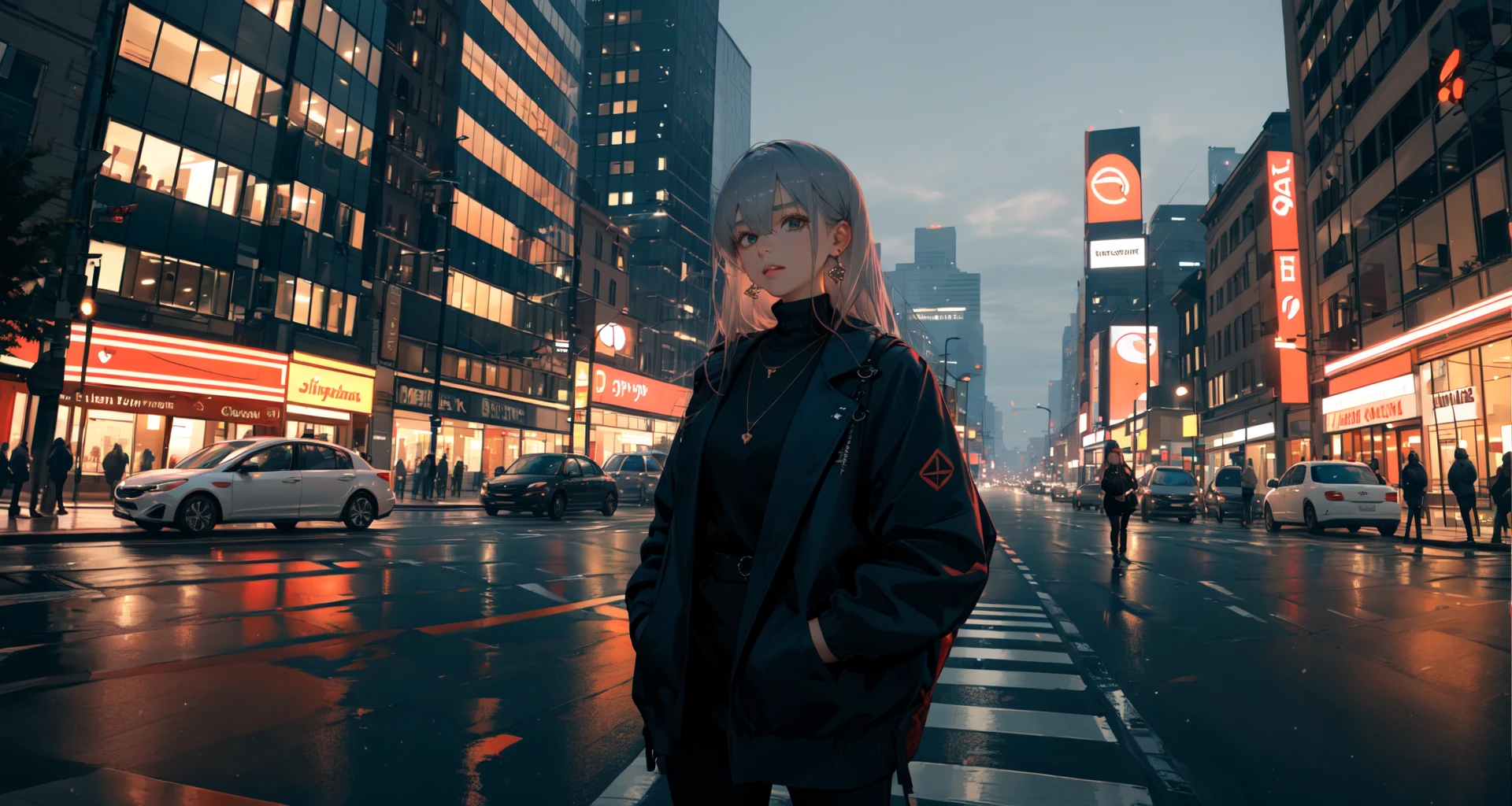 Chocolate, 1girl, jewelry, long hair, earrings, outdoors, solo, necklace, night, hair between eyes, building, road, street, turtleneck, jacket, hands in pockets, sky, lamppost, city, parted lips, bangs, sweater, traffic light, car, motor vehicle, turtleneck sweater, ground vehicle, bracelet, black sweater, grey hair, sign, looking at viewer, road sign, bag, black jacket, lips, reflection
<lora:Chocolate-000018:0.8>,