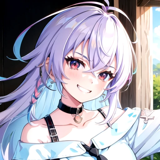 <lora:Hatsumi-06:0.7>, hatsumiwds, looking at viewer, smile, shirt, hair between eyes, jewelry, collarbone, white shirt, braid, ahoge, earrings, choker, off shoulder, grin, collar, portrait, multicolored eyes, off-shoulder shirt