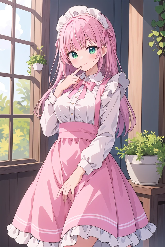 insanely detailed, absurdres, ultra-highres, ultra-detailed, best quality,
1girl, solo, nice hands, perfect hands,
BREAK
apron, blush, bow, bowtie, frilled apron, frills, long sleeves, maid, maid apron, maid headdress, waist apron, white apron
BREAK
smile, closed mouth
BREAK
finger to mouth, index finger raised, shushing, cowboy shot, looking at viewer,
BREAK
slender, kawaii, perfect symmetrical face, ultra cute girl, ultra cute face, ultra detailed eyes, ultra detailed hair, ultra cute, ultra beautiful,
BREAK
day, flower, ivy, leaf, indoors, open door, plant, potted plant, vines, window,
BREAK
white (pink:1.2) hair, green eyes, long hair, medium breasts, bangs, eyebrows visible through hair,