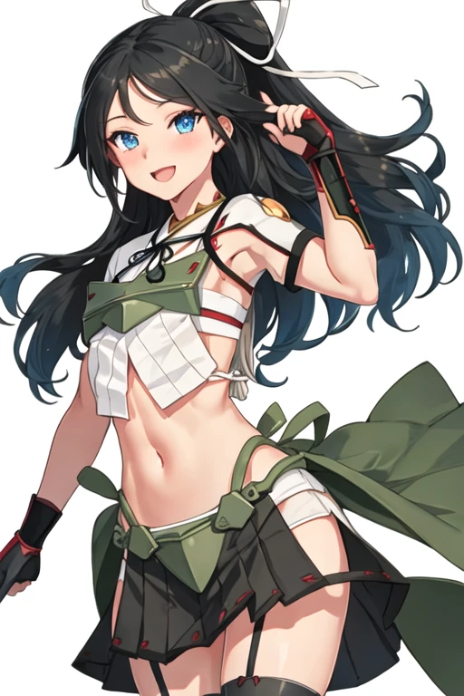 best quality, masterpiece, highres, solo, {katsuragi_kantaicollection:1.15}, black_hair, long_hair, ribbon, hair_ribbon, blue_eyes, ponytail, white_ribbon, smile, 1girl, midriff, navel, open_mouth, japanese_clothes, looking_at_viewer
