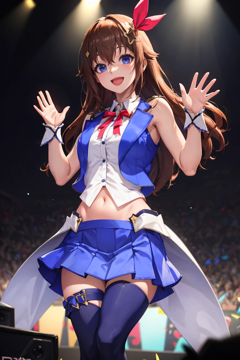 masterpiece, best quality, absurdres, SoraBase, long hair, star hair ornament, hair ribbon, blue eyes, blue vest, sleeveless shirt, red ribbon, navel, wrist cuffs, blue skirt, blue thighhighs, thigh ribbon, waist cape, :d, smile, on stage, concert, audience, dynamic pose, waving at viewer, <lora:TokinoSora:1>