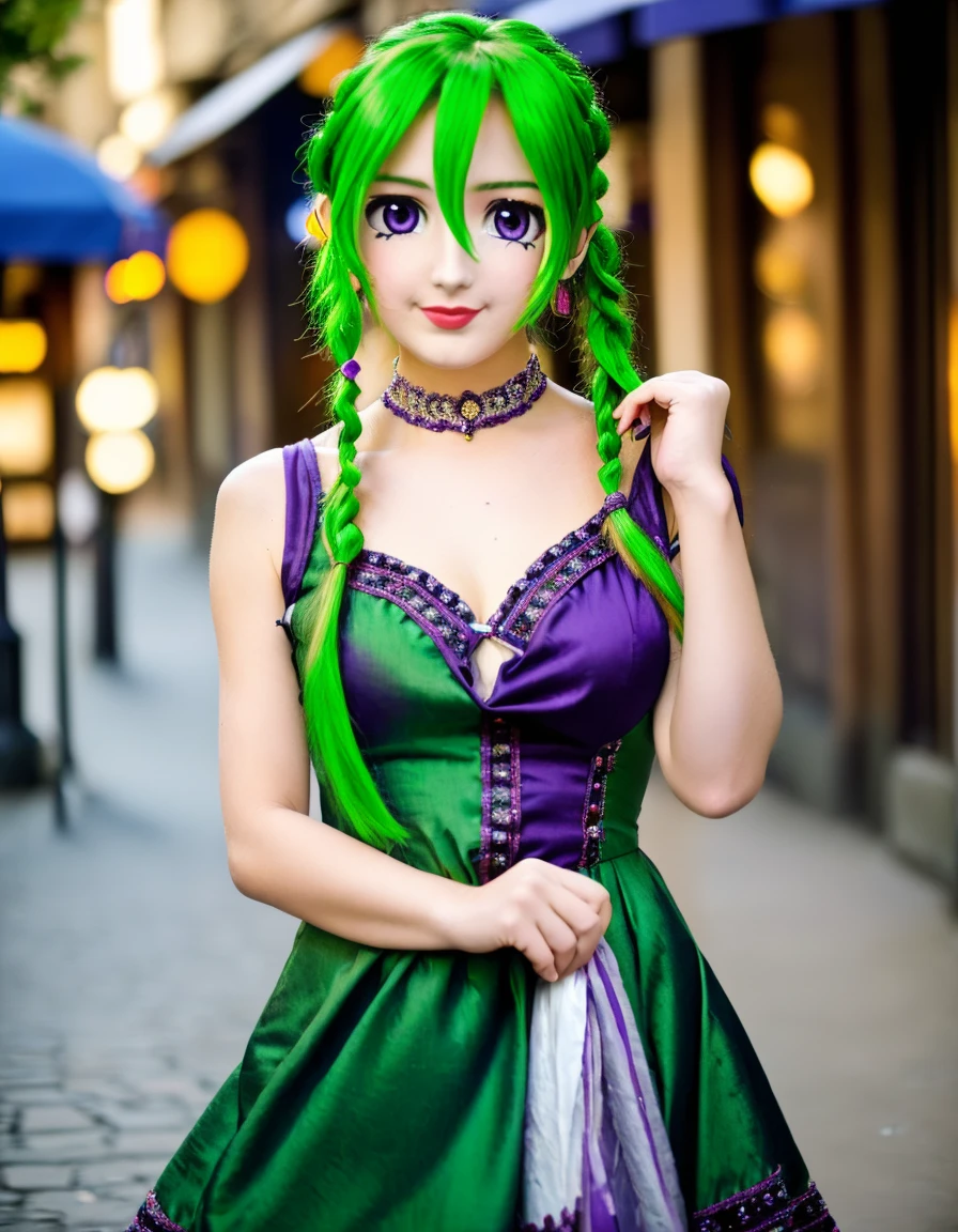 woman, braid green hair, purple eye, summer dress, posing in paris street, kkw-ph-1, kkw-detailMe-v1.0, <lora:kkw-better-v1.0a:0.38>, kkw-animegao, <lora:kkw-animegao-v1.0a:1>