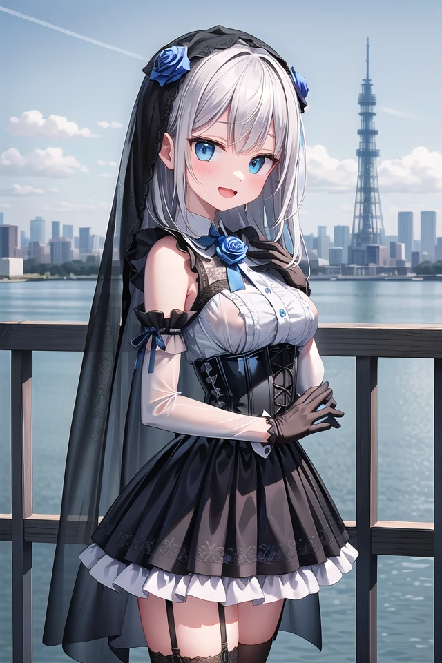 (cleavage:-1.5), insanely detailed, absurdres, ultra-highres, ultra-detailed, best quality,
1girl, solo, nice hands, perfect hands,
BREAK
(fusion of black mourning-dress and black wedding dress:1.2), (gothic dress:1.3), (light-blue and black theme:1.3), ((black mourning-veil, black see-through wedding-veil):1.5), ((black latex corset, light-blue breast-cup):1.4), (short puff-sleeve:1.3), ((white collar, tie-bow):1.3), ((ruffle-skirt, multilayer-skirt):1.4), ((stockings, garter belt):1.3), (see-through long gloves:1.3), (blue rose decoration on head:1.3), (high heels:1.1)
BREAK
happy smile, laugh, open mouth,
standing,own hands together,
from side, cowboy shot,
BREAK
slender, kawaii, perfect symmetrical face, ultra cute girl, ultra cute face, ultra detailed eyes, ultra detailed hair, ultra cute, ultra beautiful,
BREAK
ultra detailed background, day, blue sky, (cityscape of tokyo in background, bay side, panorama view:1.3), (evening:-1.5),
medium breasts, white hair, blue eyes