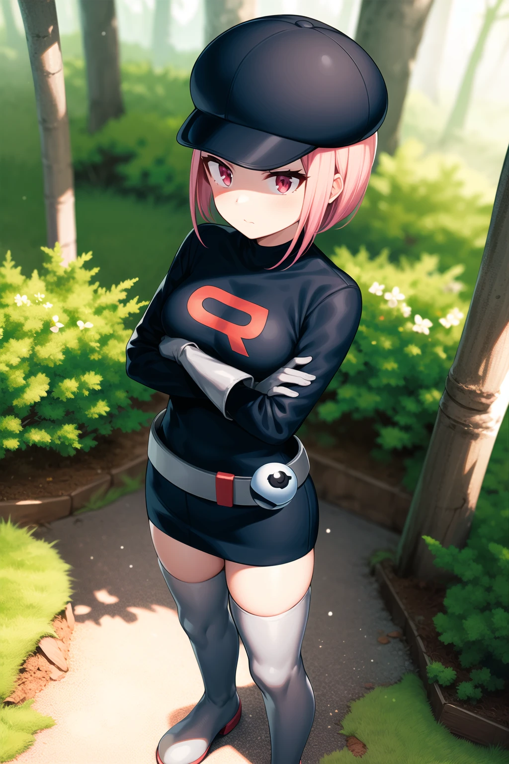 trgrunthgss, 1girl, solo, short hair, skirt, thighhighs, gloves, long sleeves, hat, forest, dress, closed mouth, standing, full body, pink hair, boots, belt, pink eyes, zettai ryouiki, black headwear, thigh boots, crossed arms, poke ball, logo, cabbie hat, poke ball (basic), grey footwear, grey gloves, team rocket, grey belt, team rocket uniform, <lora:Team_Rocket_Grunt_HGSS:0.6> <lora:more_details:0.3>