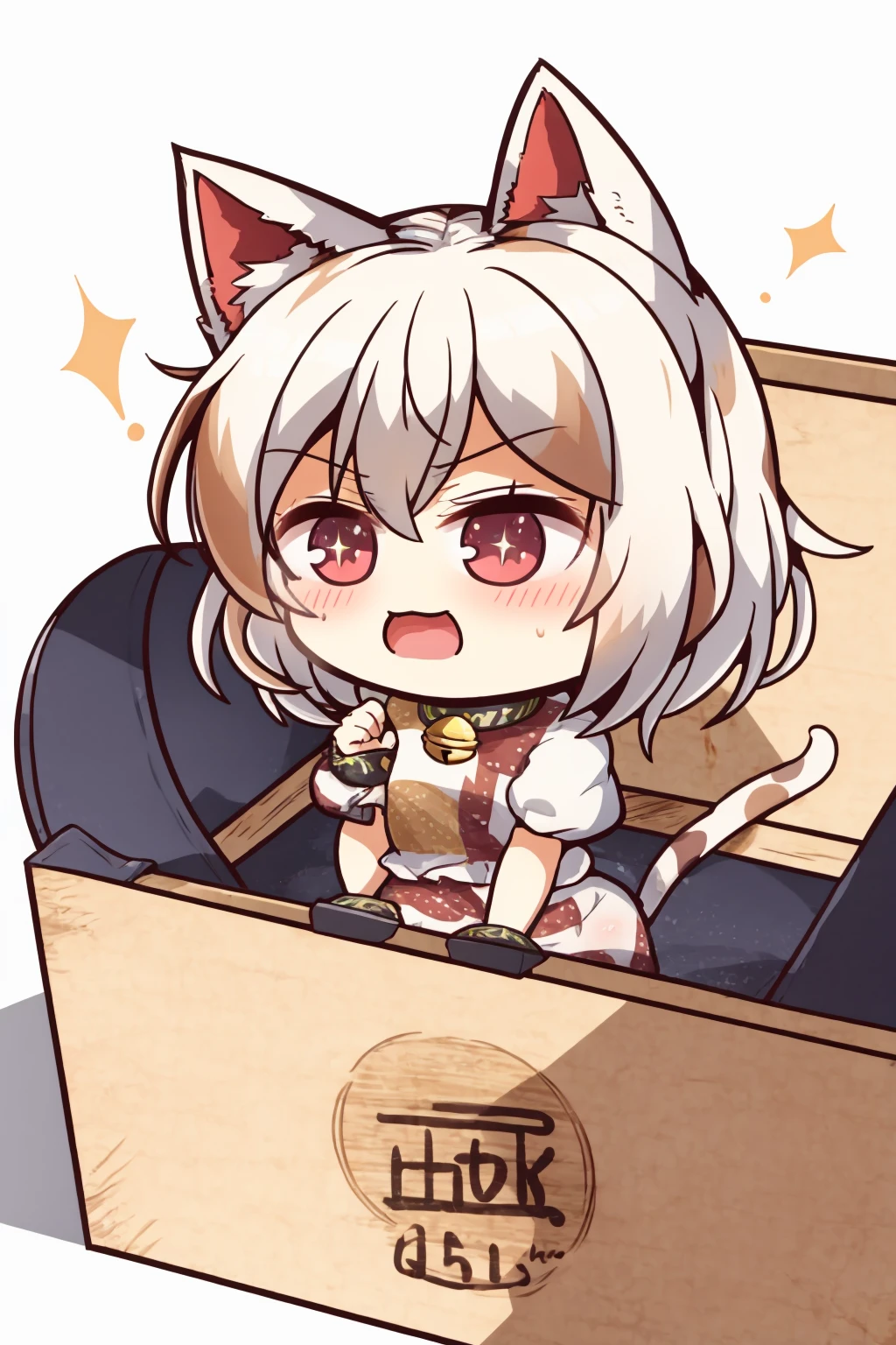 masterpiece, best quality,<lora:style11:1>,chibi,
<lora:GodoukujiMike:1>,1girl, animal ears, tail, !, short hair, cat ears, white hair, open mouth, bell, short sleeves, box, multicolored hair, cat tail, pig, signature, blush, jingle bell, hair between eyes, solo, smile, in container, sparkle, animal, neck bell, white background, multicolored clothes, :3, bangs, brown eyes, streaked hair, calico, puffy sleeves, puffy short sleeves, red eyes, simple background, v-shaped eyebrows, skirt