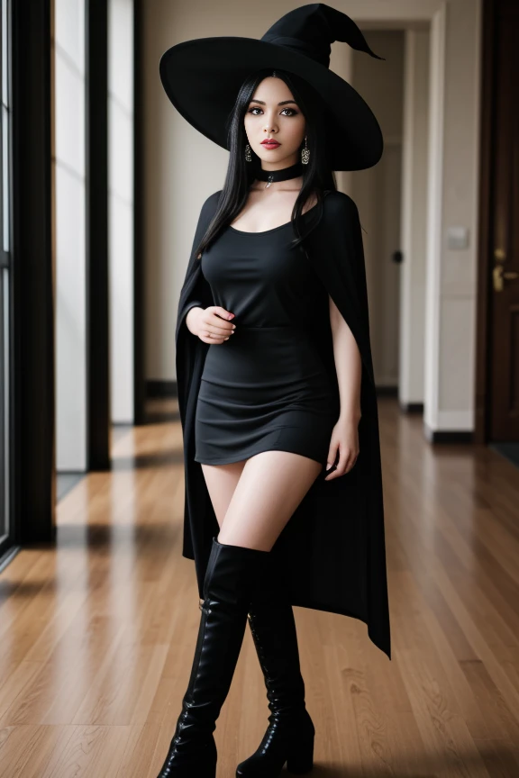 1woman, black hair, center parted long hair, realistic, masterpiece, high detailed skin, wearing random dress, looking at viewer, indoor view, solo
<lora:Black_Witch_By_Stable_Yogi:0.8> black skirt, black t shirt, earrings, boots, witch hat, choker, cape
