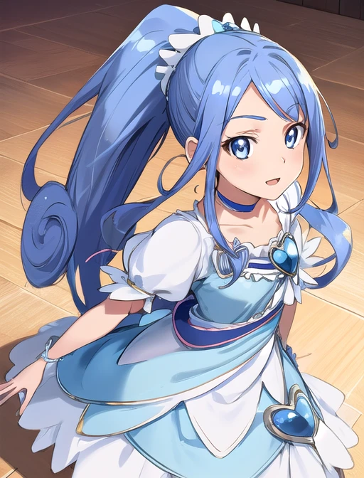 best quality, masterpiece, highres, detailed, digital illustration, <lora:Tools - add_detail:0.2>, CureDiamond, blue hair, headdress, ponytail, blue eyes, long hair, heart brooch, puffy sleeves, blue dress, <lora:Character - CureDiamond:0.8>,excited, ocean