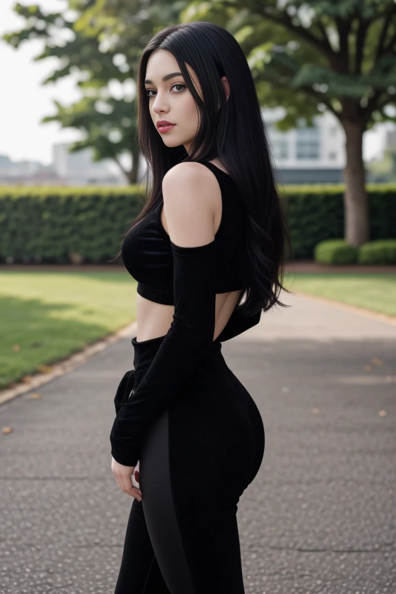 1woman, black hair, center parted long hair, realistic, masterpiece, high detailed skin, wearing random dress, looking at viewer, outdoor view, solo, full body shot
<lora:Velvet_Crop_Top_Leggings_By_Stable_Yogi:0.8> velvet black crop-top, leggings